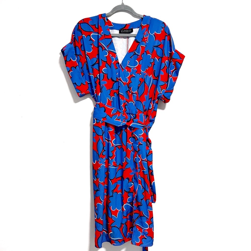 Eloquii Dress Women’s Size 14 Red Blue Floral Wrap Short Sleeve Stretch Plus - Picture 4 of 10